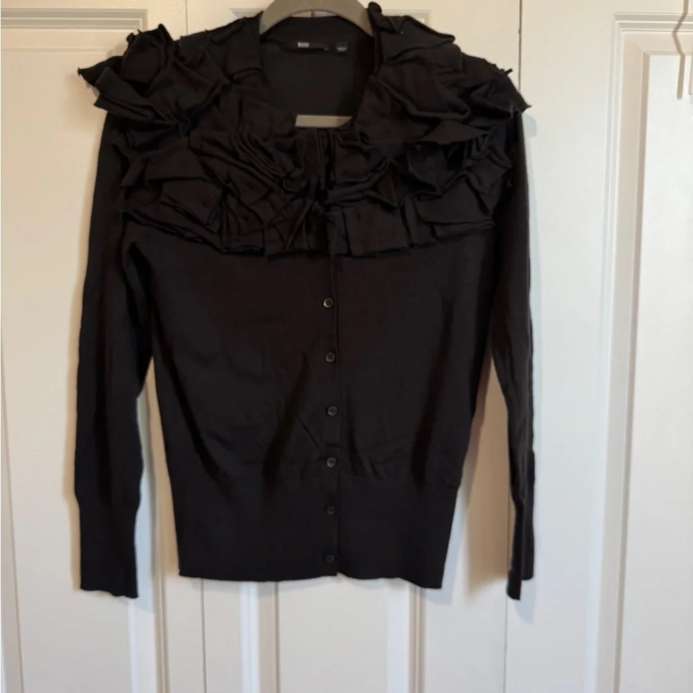 BOSS Hugo Boss Virgin Wool Ruffled Dark Brown Cardigan Size Small